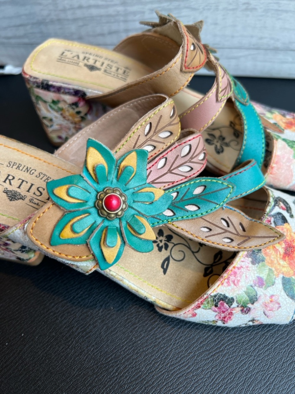 Spring Step L’Artiste Floral Multi-Color Leather Slide Sandals